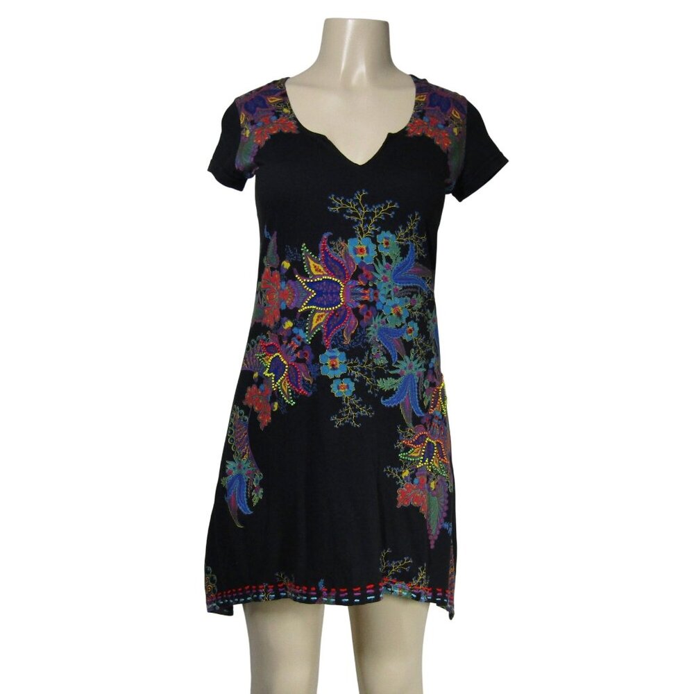 DESIGUAL Floral Boho Festival Art to Wear Bold Abstract Beaded Black Dress S